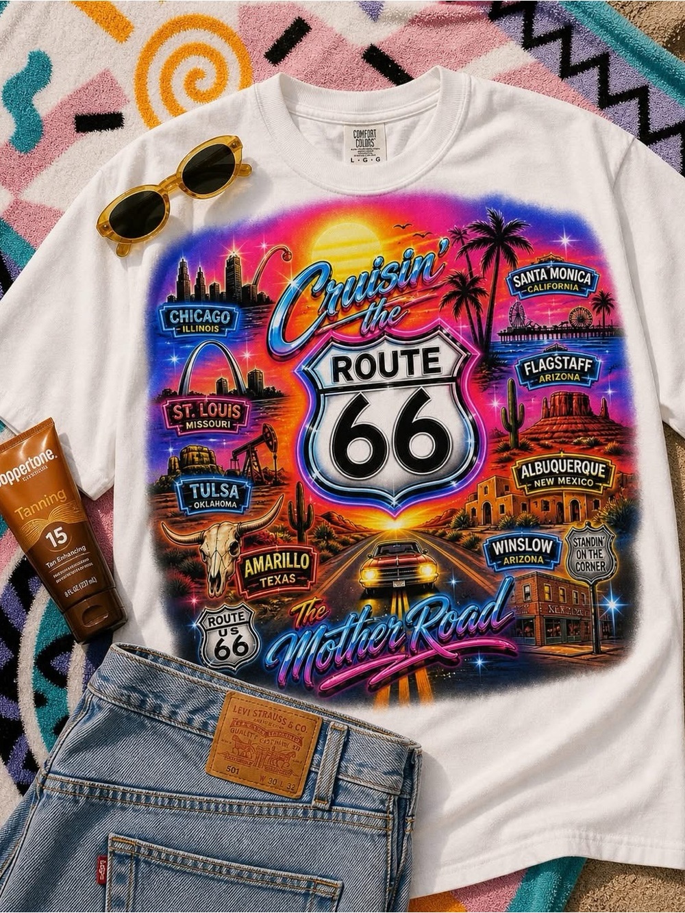 Cruisin' the Route 66 Graphic Comfort Colors Tshirt - Vibrant Sunset Colors